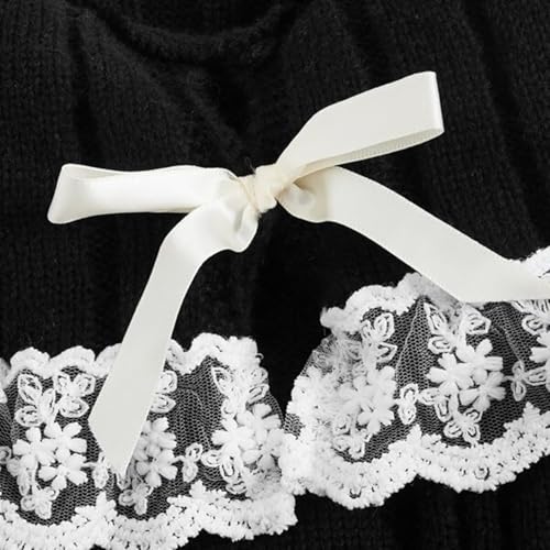 FENXIXIONE Chandails courts à épaules dénudées pour femmes pull coquette en tricot côtelé haut à manches longues en dentelle (Noir,S) – vue 4