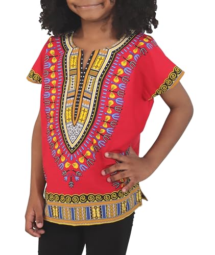 DA'IKI Dashiki Cotton Childs Shirt African Tribal Kaftan Childrens Unisex Boys Girls, 15 Months-24 Months, Dashiki - Red Bright