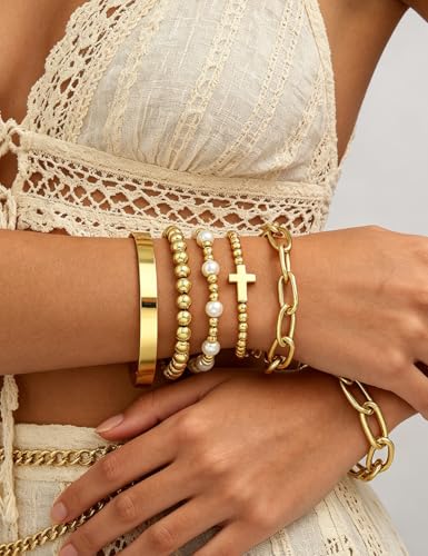 Image of Chunky Gold Bangle Bracelets for Women, Dainty 14k Gold Plated Big Stackable Bangles Set, Trendy Statement Cuff Bracelet Stack Fashion Jewelry Gifts