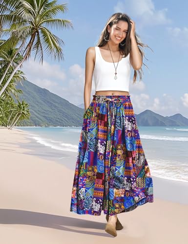 YESNO Women Wide Leg Pants Summer Floral Boho Palazzo Pants Casual High Waisted Flowy Crop Trousers with Pockets PSC2