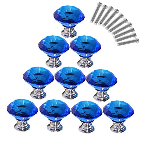 YIFAN Cabinet Knobs, 10Pcs 30mm Crystal Glass Diamond Shape Cabinet Knobs Cupboard Drawer Pull Handles - Blue