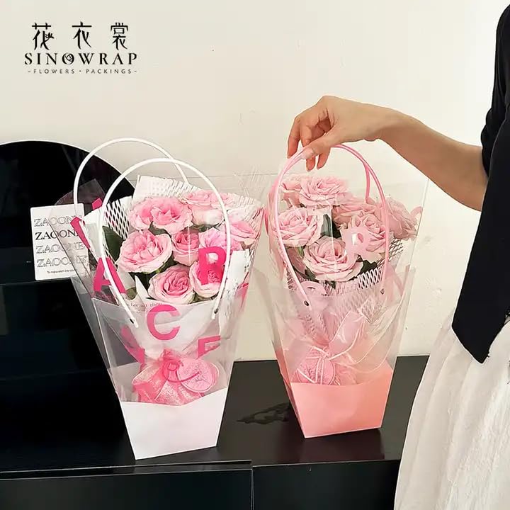 Image of Oasis Pack Of 10 Multipurpose Medium Size Waterproof Bags With Handles For Floral Arrangement - Retail ,Bulk, Florist Supply, Gift Hamper Bags For Rakhi, Birthday, Diwali, House Warming, Party Favour | 26 cm X 24cm X 12cm - Transparent Dual Color Green