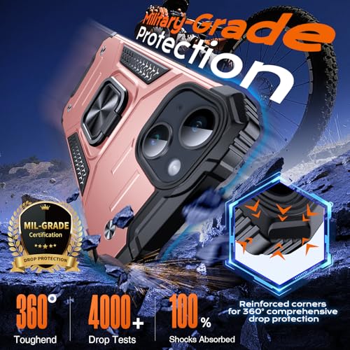 Image of Anqrp Heavy Duty Case for iPhone 13 /14 Case with Enhanced Ring Holder Grip Stand, Military Grade Shockproof Rugged Drop Protective Silicone Hard Slim iPhone 13 /14 Phone Case Cover,Pink Gold