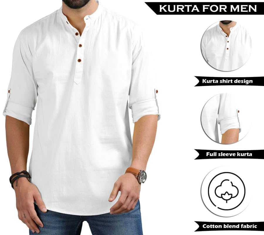 Royalscout Men's Cotton Polyester Blend Solid Regular Fit Full Sleeve Short Kurta (In, Alpha, 2Xl, White)