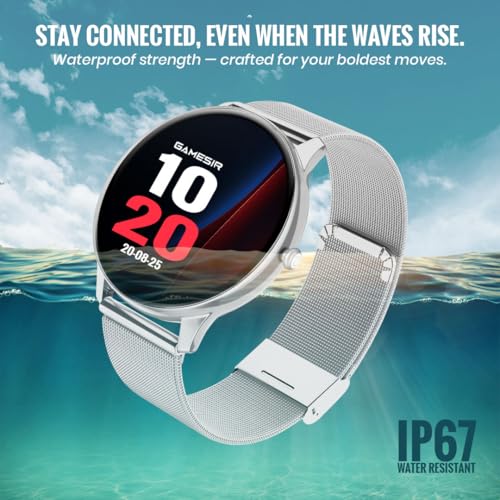 Image of GameSir Glavito Round Dial Smartwatch with 1.49 inch AMOLED Display, 100+ Sports Modes, Bluetooth Calling, Functional Crown Control, Health Tracking, 100+ Watch Faces for Men & Women (Millanese Silver)