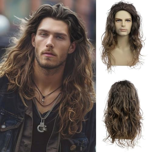 Perruque longue ondulée marron homme pour déguisement Halloween et costume cosplay réaliste
