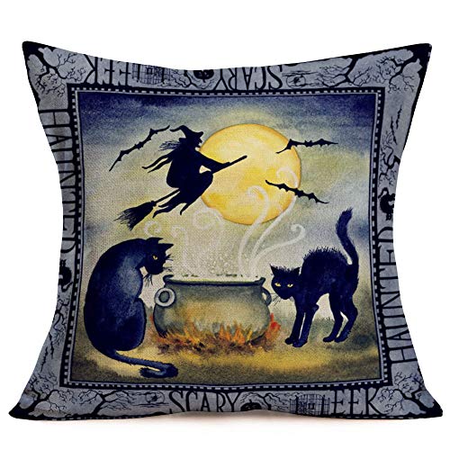 Hopyeer Vintage Halloween Pillow Covers Pumpkin Midnight Party Graves Witches Crows Black Cats Design Throw Pillowcase Cotton Linen Cushion Case Cover Decor Sofa Couch Bed 18"X18", Set 4 (Vh-Party) #TOP3