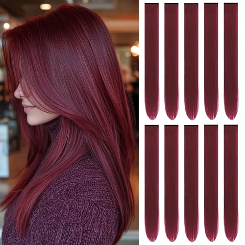 TOFAFA 22 inch Burgundy Hair Extensions, Colored Party Highlights Clip in Synthetic Cherry Red Hair Extensions, Colorful Long Straight Hairpieces for Girls Women Kids Favor Gift(10 PCS Wine Red)