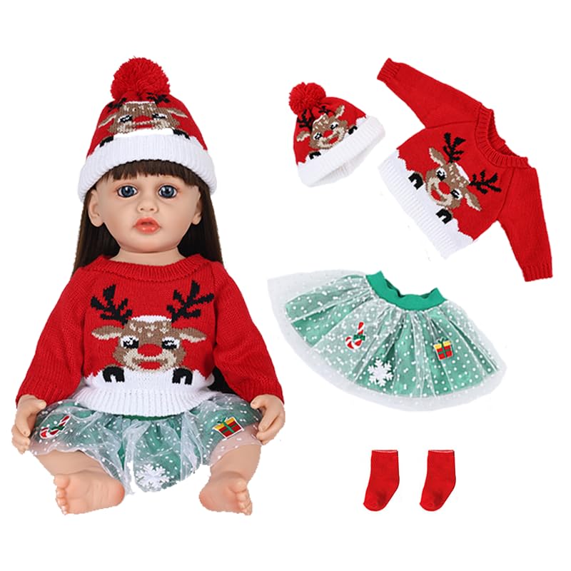 Baby Doll Clothes for 20-22 Inch Baby Doll, 4 Pcs Cute Dolls Clothes Outfit, Christmas Elements Sweater, Hat, Skirt, Socks