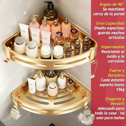 Spares2go Estante esquinero de lujo para ducha, estante de almacenamiento para baño, cocina, dormitorio, organizador (oro cepillado, paquete de 2) - imagen 4