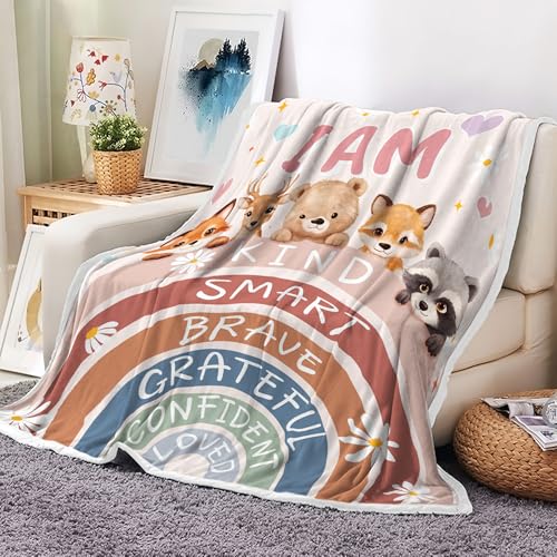 Image of Boho Rainbow Woodland Animal Flannel Throw Blanket, Cute Bear Fox Deer Raccoon Daisy Heart Cozy Decor Blanket for Couch Bedroom Camping, Gift Blanket for Kids Nursery Fans,60X70 Inch