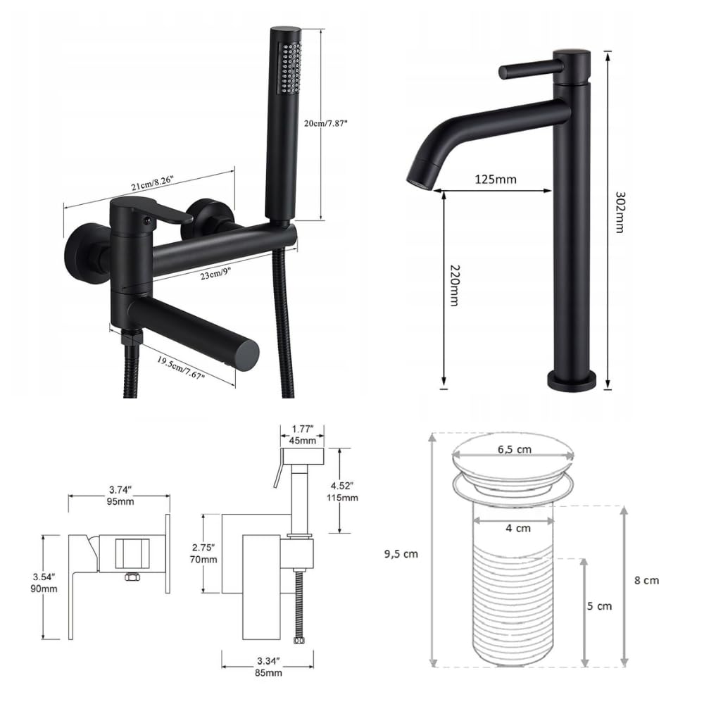 Ari Juego de grifos de baño de tubo delgado con grifo de lavabo, grifo bidé y válvula de desagüe Click-Clack de latón y válvula de cerámica, juego de 4 piezas (montaje en pared)