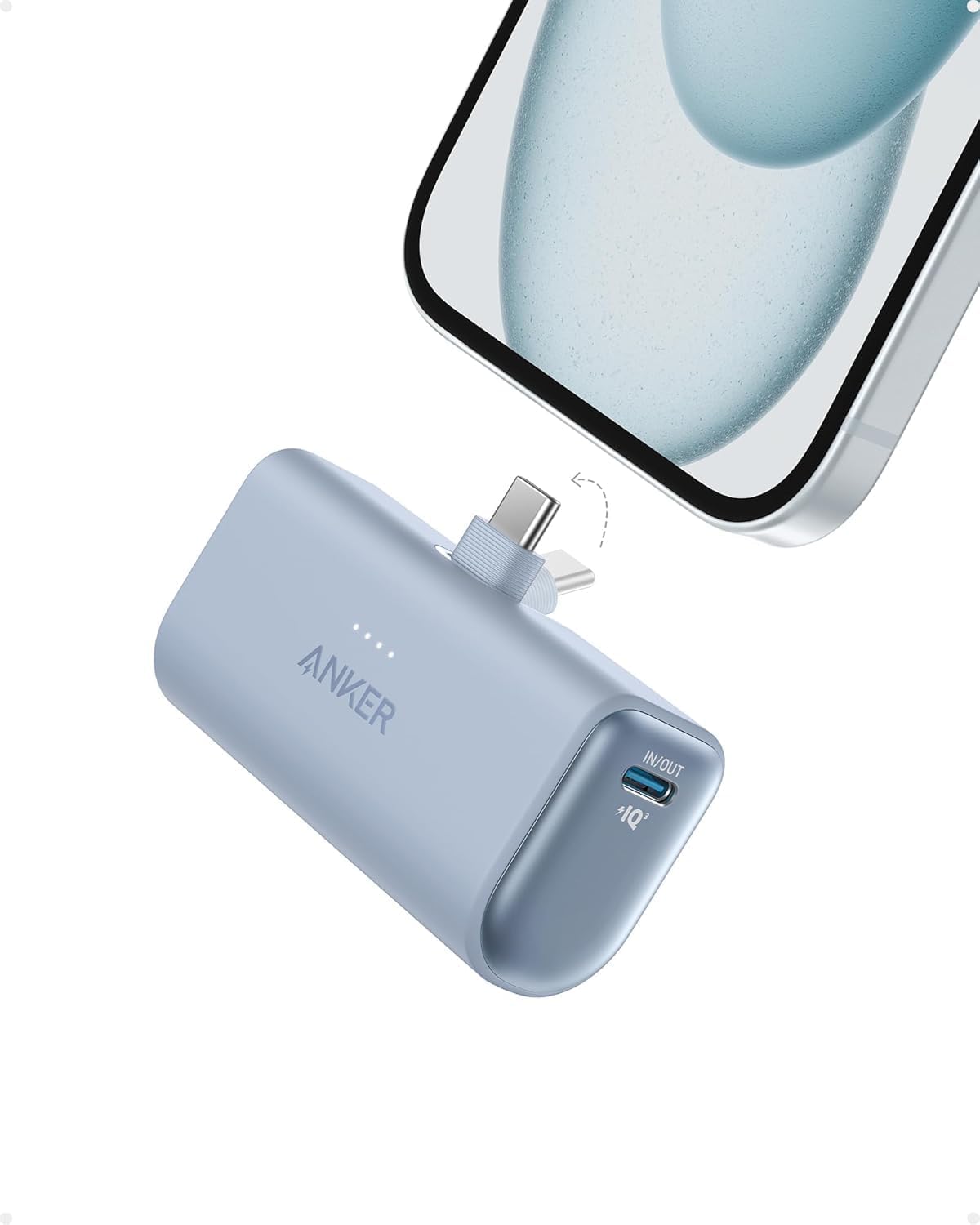 Nano Power Bank, Mini Portable Charger with Built-In Foldable USB-C Connector, 5,000mAh Battery Pack 22.5W, For iPhone 16/15, Samsung S23 Series, Note20 Series, Huawei, iPad, AirPods, and More