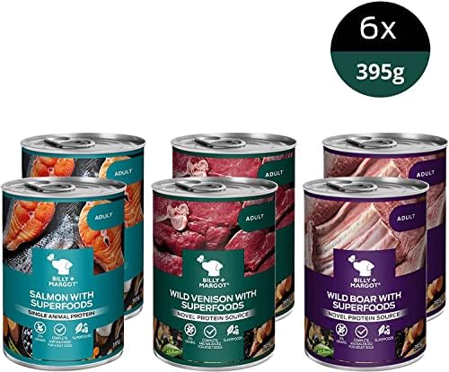 Billy + Margot Multipack Grain Free Wet Dog Food, Pack of 6 x 395g Cans, All Natural Salmon, Venison and Wild Boar Recipes with Superfoods for Adult Dogs