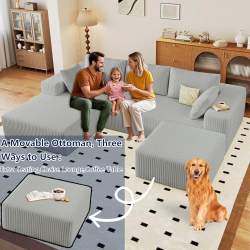 Image of 96 inch Modular Sectional Sofa with Ottoman, Modern Corduroy Cloud Couch with Deep Seat, Boneless Couch Upholstered 3-Seater U-Shaped Sofa for Living Room, No Assembly (Light Grey, Left-Facing Chaise)