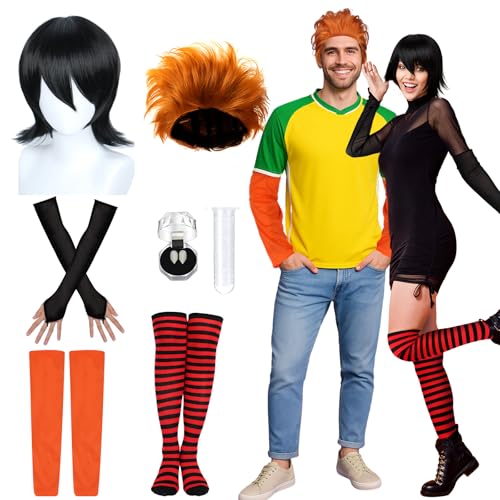 Seenelling 8 Pcs Halloween Hotel Couples Costume Adults Vampire Costume Accessories Wigs Fingerless Gloves Sleeves Red and Black Sriped Socks Vampire Dentures Teether Tweezers for Cosplay Party