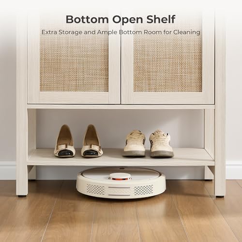 Image of SICOTAS Shoe Storage Cabinet for Entryway - 5 Tier Rattan Entry Shoe Organizer Cabinet with Shelves & Doors, 2 Pieces Farmhouse Boho Shoe Rack for Hallway, Living Room, Closet (White Cream Oak)