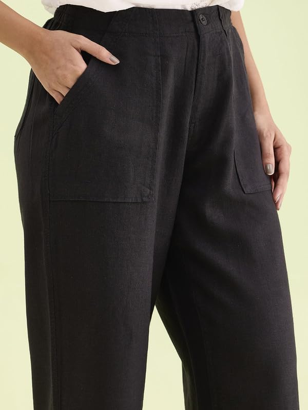 Image of GO COLORS Solid Linen Cargo Pants for Women | Full Length, Mid Rise, Side Pockets