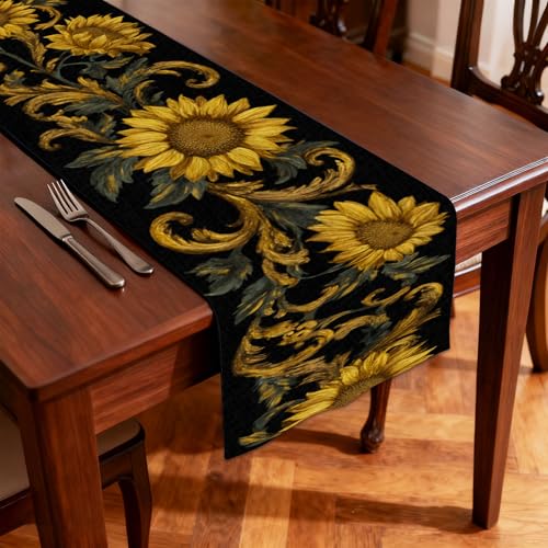 Image of Nuxovilar Table Runner, Flax Table Runner 13x72 in | Golden Sunflower Luxury Table Runners for Dinner Parties, Holiday Meals, Elegant Gatherings