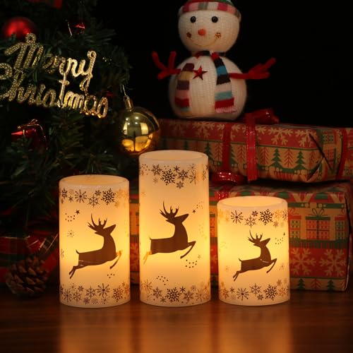 Image of Eldnacele Christmas Flickering Flameless Candles with 6 Hour Timer, Gold Deer Decal Battery Operated Real Wax LED Pillar Candles Home Tabletop Holiday Decor(3Pcs,3x4 /5 /6 Inches)