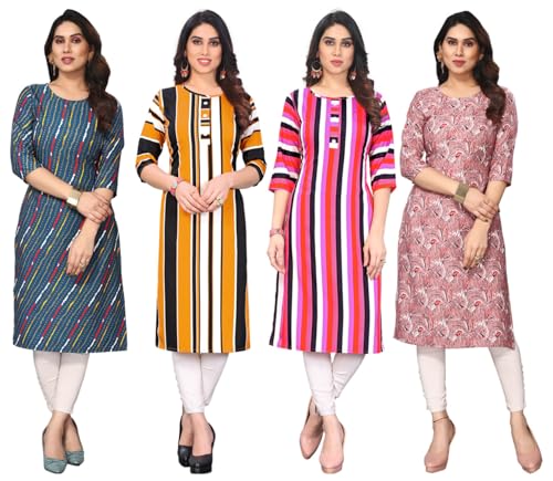 Image of JAKHANA Women's Crepe Printed Casual Straight Calf Length Round Nick Kurta Pack of 4
