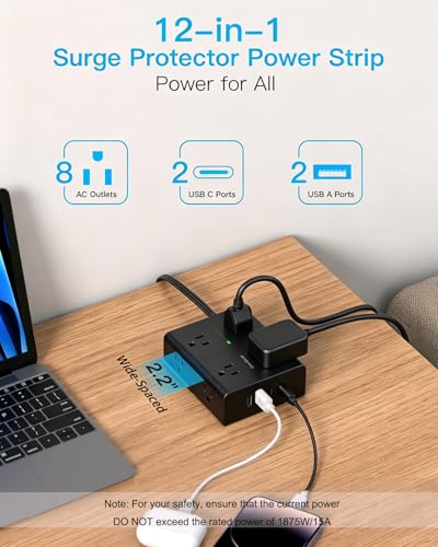 Image of One Beat Surge Protector Power Strip, 6 Ft Ultra Thin Flat Extension Cord with 8 Outlets 4 USB Ports(2 USB C), Flat Plug Power Strip, White Power Strip for Home, Office, Dorm Room Essentials, Black