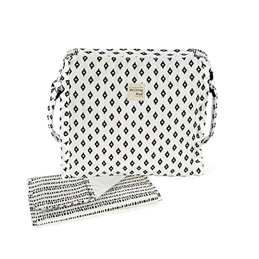 Walking Mum. Bolso Cambiador de Bebé Boho Chic. Bolsa Canastilla para carro o para colgar al hombro. Color Blanco/Negro. Medidas 32X32X12 cm., 36334