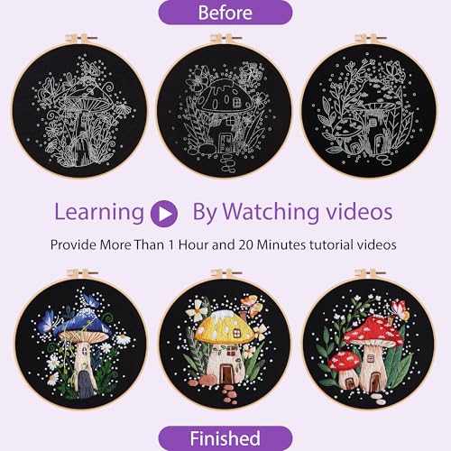 Image of Uniartfy 3 Sets Embroidery Kit for Adults Beginners, Needlepoint Kits Cross Stitch, Hand Embroidery Starter Kit with Mushroom Stamped Patterns, Hoop, Tools, Colorful Threads with Needles, Instructions