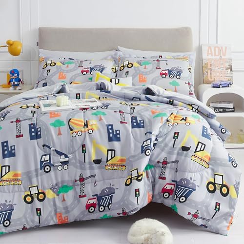 Mooreeke Kids Twin Comforter Sets for Boys 6 Pieces Excavator Grey Bedding Set for Teens Soft Microfiber Kids Bed in A Bag with Comforter Sheet Set Shams and Decorative Toy Pillow All Season