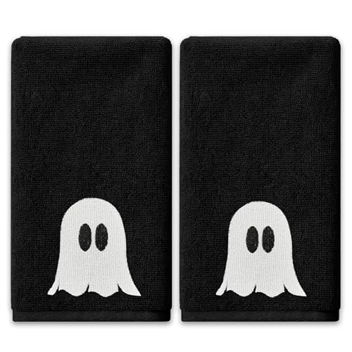 Hexagram Halloween Hand Towels Set of 2 Embroidered Ghost Black Bathroom Towels Halloween Decor Dish Towel for Drying Cleaning 14x 30 Inch