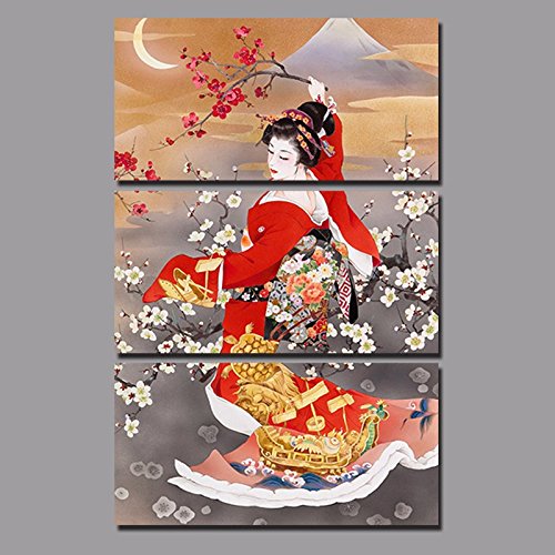 Gohipang-3 Pcs/Set Black Red Kimono Lady Retro Style Plum Flower Canvas Wall Art Painting Perfect to Decorating Your Room Unframed (30x60cmx3p, Red)