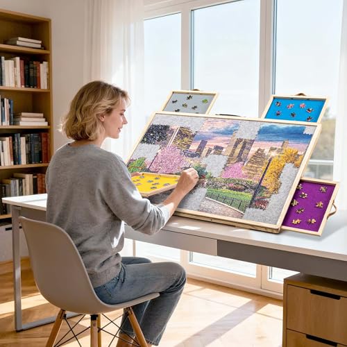 Tektalk Planche de Puzzle Convertible, Utilisation bidirectionnelle, Table de Puzzle réglable avec Couvercle, 4 tiroirs de tri de Couleurs, Plateau en Bois inclinable, jusqu'à 1000 pièces, Gris – vue 8