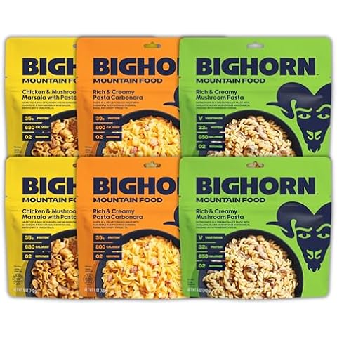 BIGHORN Mountain Food - Pasta Feed Expedition Pack - contains 6 pouches | 12 servings | 212g Protein | 4,260 Calories – premium freeze dried meals for backpacking food - includes two each of: 2 x Chicken & Mushroom Marsala with Tagliatelle | 2 x Rich & Creamy Pasta Carbonara with Rotelle | 2 x Creamy Mushroom with Rotini Cover