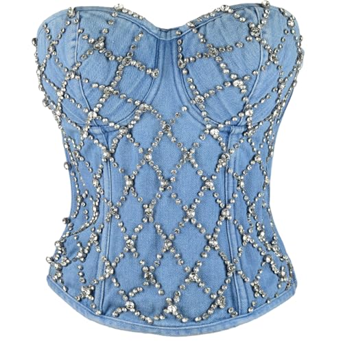 ELLACCI Women's Denim Rhinestone Corset Top Sexy Club...