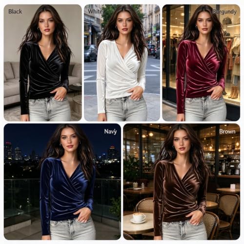 Velvet Warp Tops for Women V Neck Shirt Ruched Slim Fit Y2K Tees Black S | Black Womens Velvet Top Waist Hugs Cures Long Sleeve V Neck Casual Dressy Top Warm Soft Cotton Fall Outfit Going Out Blouse - image 6