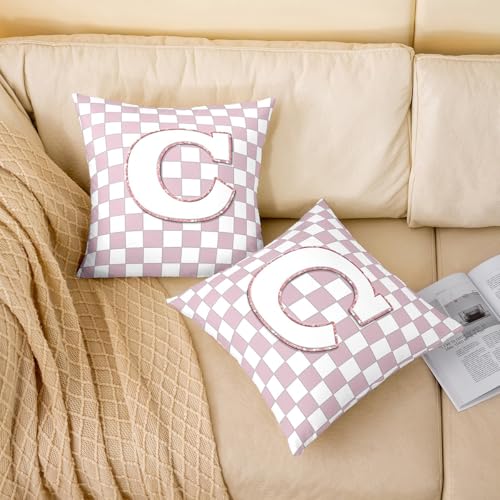 Image of Erosebridal Pink Initial C Throw Pillow Covers 24x24 Set of 2 Kawaii Plaid Checkered Cushion Cover Cute Personalized Monogram Throw Pillow Case for Bed Couch Sofa Fashion Grids Gingham Home Decor