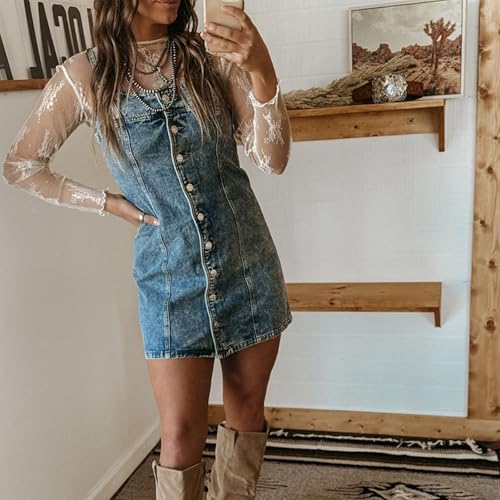 cffvdiz Women's Sleeveless Halter Short Denim Dress Slim Button Down Bodycon Jean Dresses2