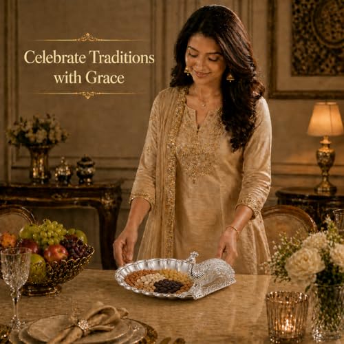 Image of Diviniti German Silver Peacock Decorative Bowl for Home Decor | Luxury Silver Plated Dry Fruit & Sweet Serving Platter | Elegant Peacock Tray with Gift Box for Festive Dining & Gifting