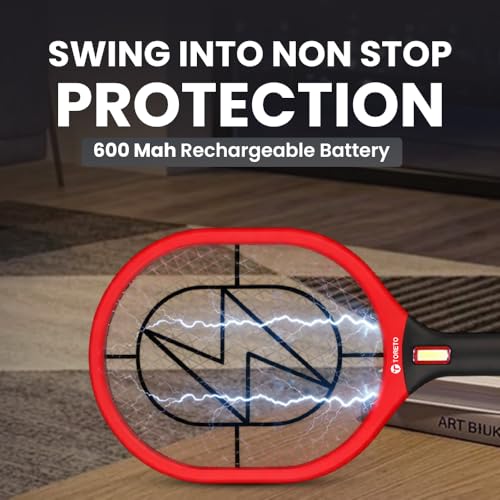 Image of Toreto Mosquito Bat, Mosquito Racket, Rechargeable, LED Torch, Type-C Fast Charging, Double Layer Safety Grill, Made in India | Electric Fly Swatter, Mosquito Killer Racquet Zappy 3 (Black+Red)