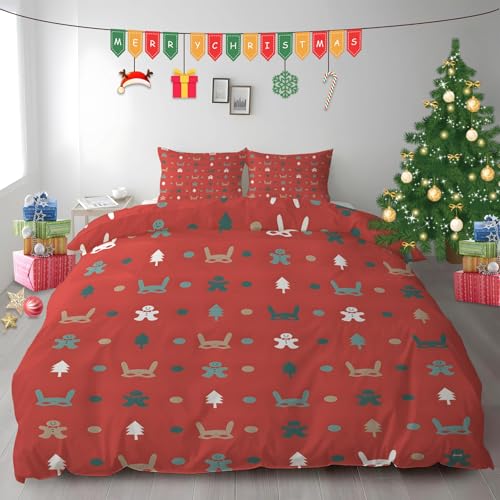 布団カバー ダブル クリスマス|マイクロファイバー 掛け布団カバー 190x210 +枕カバー 2枚 3点セット|吸汗速乾・防静電気・洗濯耐久|肌ざわり最高 クッキーのウサギ なプリントデザイン PH1384