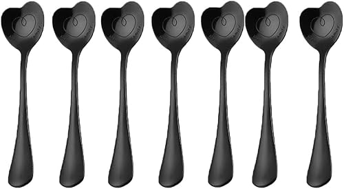 Miniatura 2 de Juego de cucharas en forma de corazón de acero inoxidable, paquete de 7  café, postre, helado y cucharas de té, cucharas de amor, perfecto (negro)