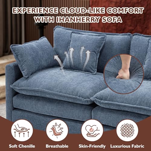 Image of Ihanherry 146 inch U-Shaped Modern Sofa Modular Sectional Cloud Couch with 2 Ottoman, 6-Seat Chenille Deep Seat Sofa with 6 Pillows for Living Room, Bedroom and Apartment, Blue