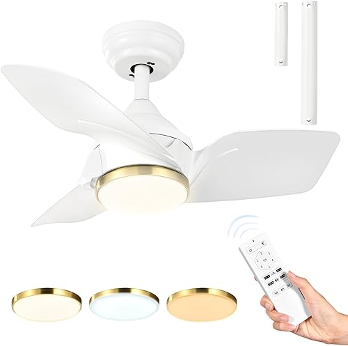 YITAHOME Ventiladores de techo blancos con luces y control remoto, ventilador de techo pequeño y moderno de 26 pulgadas con motor silencioso CC