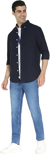 American Eagle Men Navy Slim Fit Oxford Button-Up Shirt