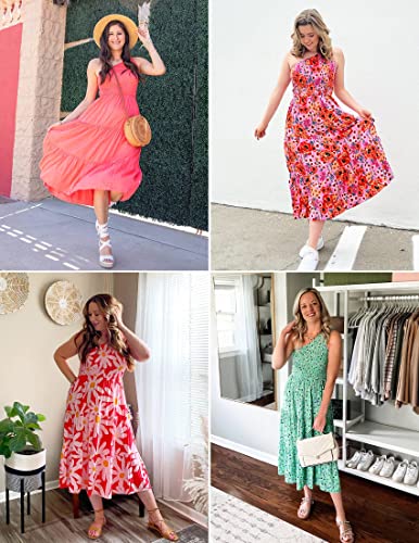 Image of ZESICA Women's 2026 Bohemian Summer Floral Print One Shoulder Sleeveless Smocked Ruffle Tiered Beach Long Midi Dress