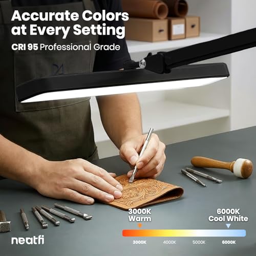 Neatfi Pro Series XL 2500 lumenów 30W lampa LED do pracy – CRI 95 | klosz o szerokości 56 cm | 324 diody SMD | 5 trybów oświetlenia | ściemniana | lampka do domu i biura (CCT z zaciskiem, czarna)