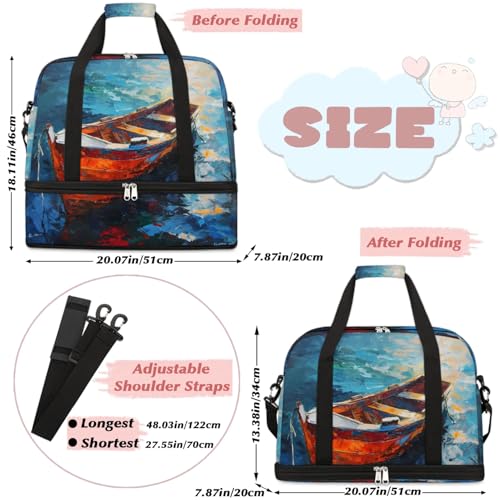 Travel Duffel Bags Oil Painting Boat Foldable Weekender Bags for Women with Shoes Compartment Waterproof & Tear Resistant Carry on Overnight Luggage Duffel Bag Shoulder Sports Tote Bag2