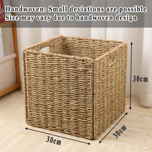 Aluusy Juego de 2 Cestas Almacenaje Tejidas a Mano, Cestas de Almacenamiento Tejido con Junco Marino Natural Cubo 30CM, Cestas de Mimbre con Asas, Organizadora para Baño Estanterías Casa - imagen 3