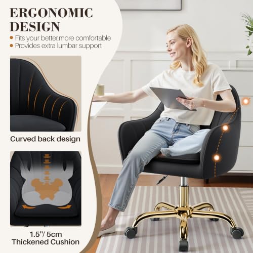 Image of Vanity Chair with Wheels, Comfy Home Office Desk Chairs Adjustable Modern Velvet Makeup Vanity Chairs for Bedroom Living Room-Black