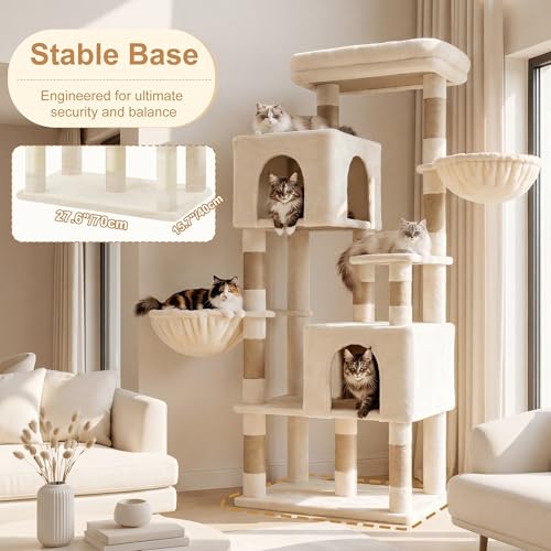 Image of Heybly 68.1 inch Cat Tree with Oversized Top Platform & Wide Base HCT059MJ | Heavy Duty Cat Tower for Large Indoor Cats with 2 Condos, 2 Hammocks, 10 Sisal Scratching Posts, Stable Cat House, Beige
